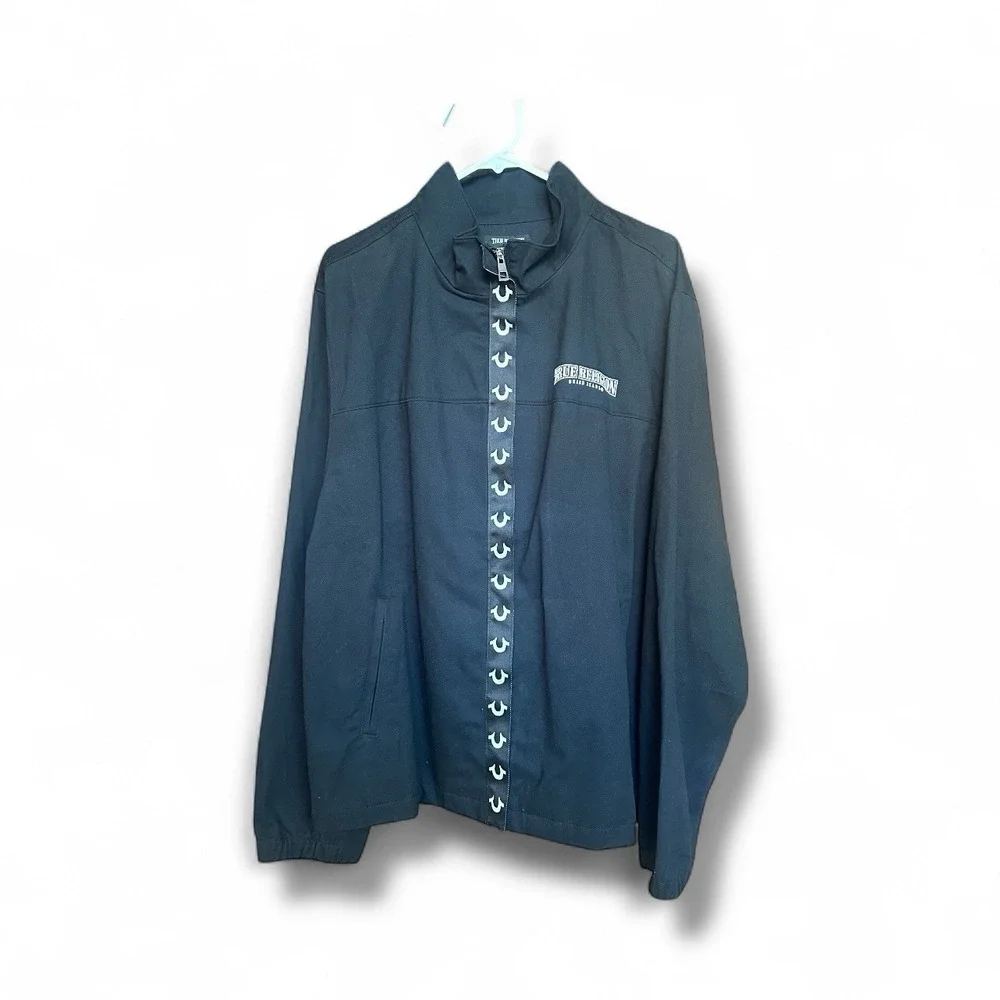NWT True Religion Jacket‎ Mens L Black Zip Up Buddha Back Logo Streetwear Y2K